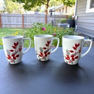 Corelle Coordinates Koyoko  Porcelain Mugs Set of 3 Red and Gray Leaf